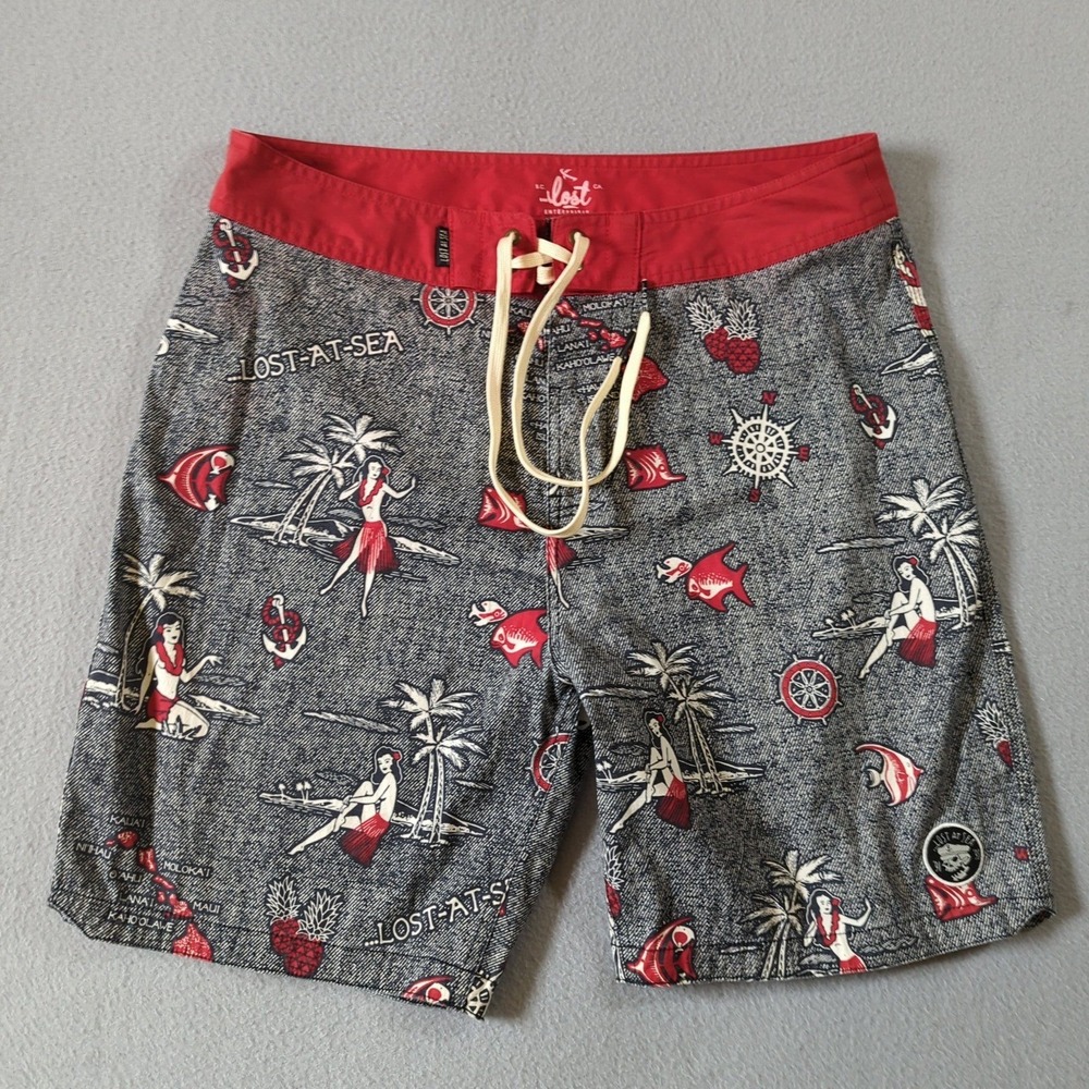 Lost Enterprises Lost At Sea Board Shorts Mens 33 Hula Girl Island Surf Trunks